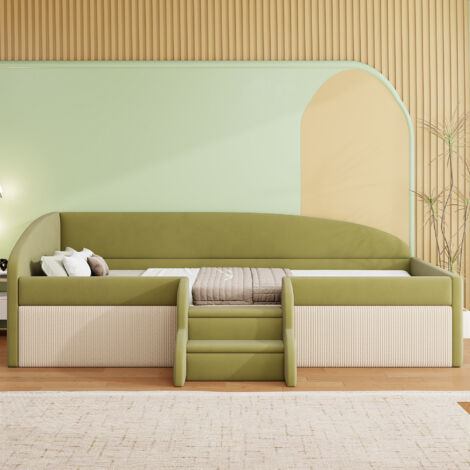 Letto per bambini 90x190 cm con protezione laterale, scale antiscivolo e sommier robusto, verde in velluto imbottito (senza materasso)