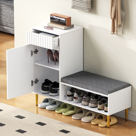 Scarpiera con panca 100x35x82,2 cm, 1 cassetto, 1 ripiano aperto, panca imbottita in MDF, bianco