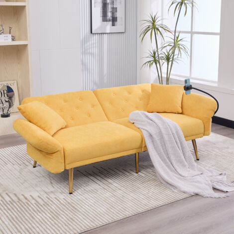 Divano letto 173x78x78cm schiuma premium 6 gambe in metallo porta telefono due USB tessuto chenille giallo per soggiorno