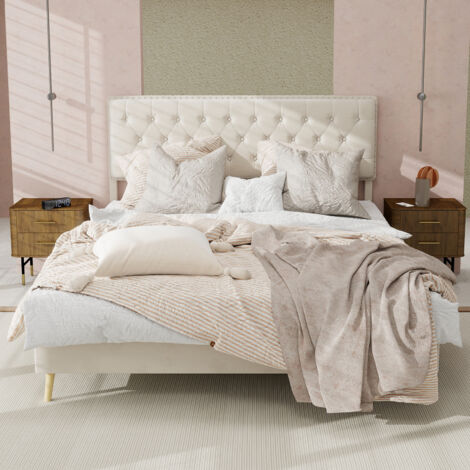 Letto matrimoniale 140x200cm rivestimento in velluto morbido dettagli borchiati robusto telaio con doghe tessuto e metallo beige (Senza materasso) (1/5)