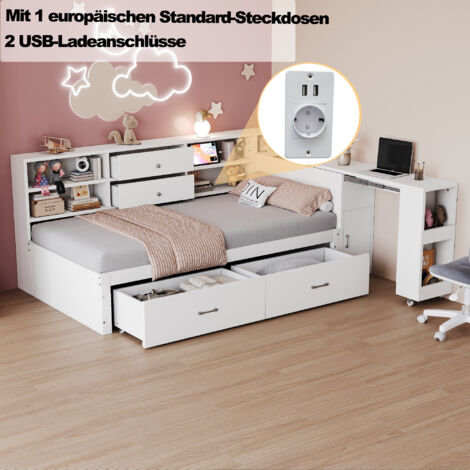 Letto singolo 90x200cm scrivania estraibile cassetti prese USB bianco legno per cameretta(Senza materasso)