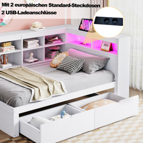Divano letto 90x200cm multifunzione con ripiani testiera e cassetti sotto letto, legno bianco, LED e USB (Senza materasso) (1/5)