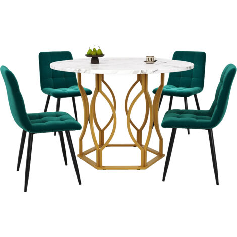 Set di 5 tavolo da pranzo e sedie, tavolo da pranzo rotondo 100×100×75 cm con 4 sedie in velluto, verde (1/5)