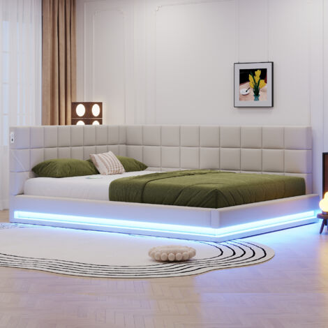 Divano letto 160x200cm robusto rete a doghe ptata 250kg comodità USB LED lino beige per salotto (Senza materasso)