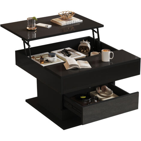 Tavolino da caffè 70x70x45cm portata 30kg piano 360 giri vano nascosto cassetto MDF nero per soggiorno
