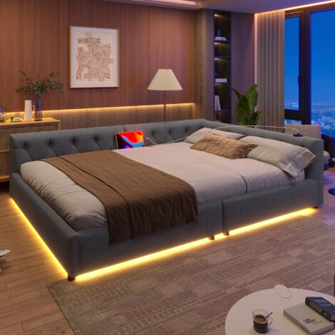 Divano letto 140x200 cm port USB e Type C, design capitonné, 200kg ,lino e MDF, grigio (senza materasso)