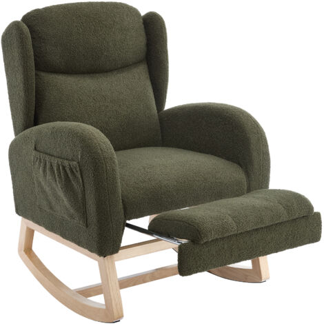Poltrona a dondolo 122.5x70x104 cm, Supporto Lombare, Poggiapiedi Estraibile, Tasche Laterali, Tessuto Teddy, Verde (1/5)