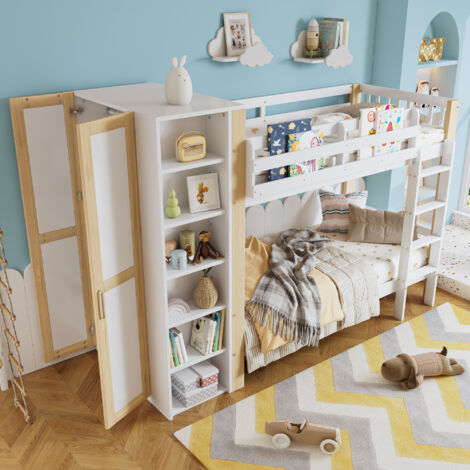 Letto a castello 90x200 cm, Armadio laterale, 6 scaffali, Scala a 4 gradini, Pratico, Legno e MDF, Bianco(Senza materasso)