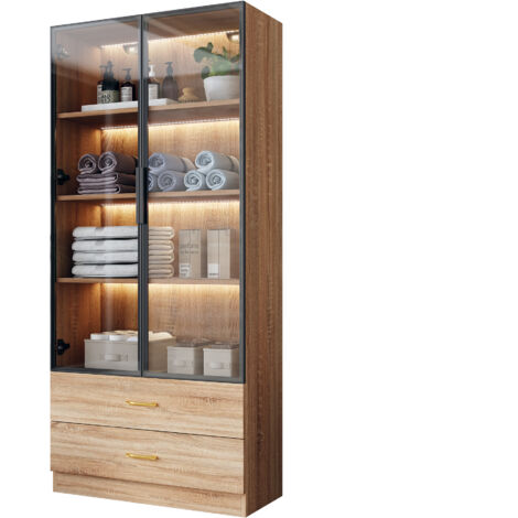 Mobile Bagno 75x34.5x165 cm, Ampia Capacità con 2 Cassetti e Ripiani, MDF e Vetro, Marrone, per Bagno o Soggiorno