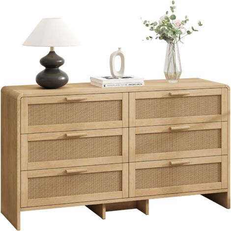 Cassettiera 130x40x74 cm, 6 cassetti, Stile moderno, Paglia naturale, Pannello truciolare e legno, Naturale