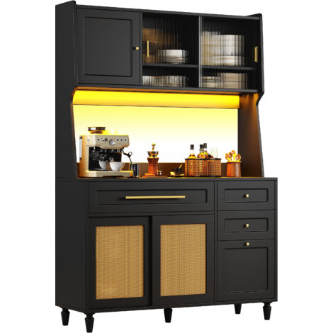 Credenza da Cucina 120x45x195,5 cm, 3 cassetti, Ante Scorrevoli in PE Rattan con Vetrina, Luci a LED, Nero, per Ristorante
