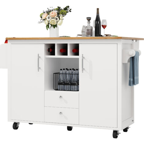 Isola da Cucina 137.5x73x92.5 cm, Piano di Lavoro Ribaltabile, Portasciugamani, Portabottiglie, Ripiani Regolabili, MDF, Bianco