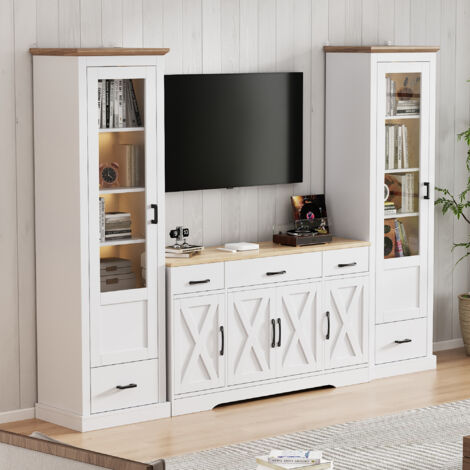 Set Mobile Soggiorno, Set Combinato Credenza Bianca Opaca e 2 Vetrine con LED, in Legno MDF, Moderno, con Luci Decorative