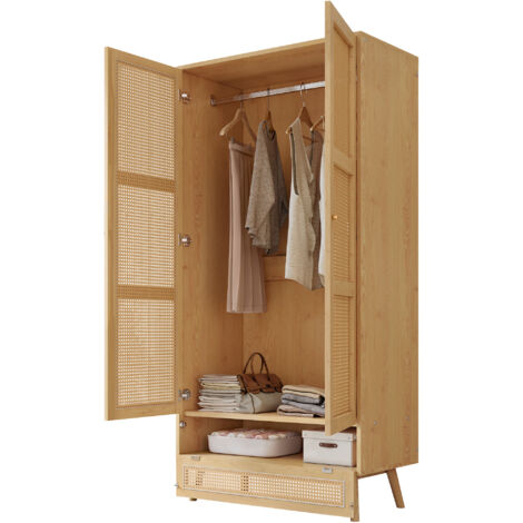Armadio 90x45x183 cm, 2 Ante con Asta Appendiabiti, Rete in Rattan, Coperchio Inferiore Ribaltabile, Rattan, Naturale, per Camera