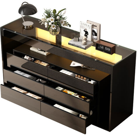 Cassettiera 140x40x70 cm, con 6 Ampi Cassetti e Illuminazione LED, Piano Vetro Temperato a Doppio Strato, Nero, per Soggiorno
