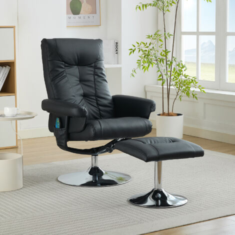Poltrona con Massaggio a 5 Punti e Base Girevole 360° 76x75x103 cm, Riscaldamento, Reclinabile e Poggiapiedi, in Tessuto PU Nero