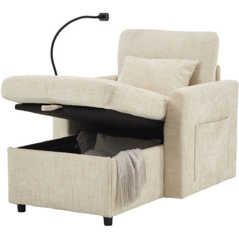 Poltrona Relax Multifunzionale con Porta Cellulare, Vano Contenitore, in Ciniglia, Beige, per Soggiorno e Camera