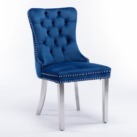 Set di 2 Sedie da Pranzo, Gambe in Acciaio Cromato, Finiture a Borchie, Alta Qualità, in Velluto Blu, per Cucina e Sala (1/5)