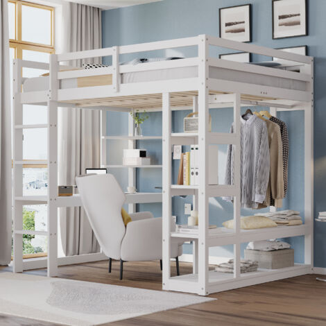 Letto a Soppalco 140x200 cm, con Scrivania e Ripiani, con Spazio Archiviazione e Scala, in Legno, Bianco (Senza materasso)
