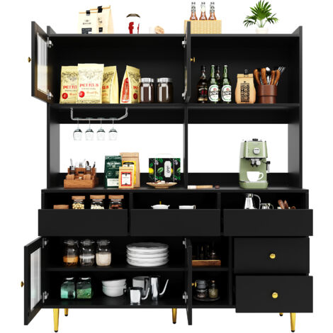 Credenza da Cucina 145x39x171 cm, 3 Armadietti 2 Ripiano Aperto e 5 Cassetti, Ante Vetro Perforato, MDF, Nero, per Sala da Pranzo
