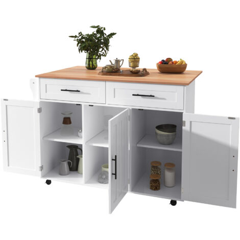 Carrello da cucina con Tavolo 129x46-71x91.5 cm, Piano Pieghevole, 5 Ruote, con Mobili Contenitori e 2 Cassetti, MDF, Bianco