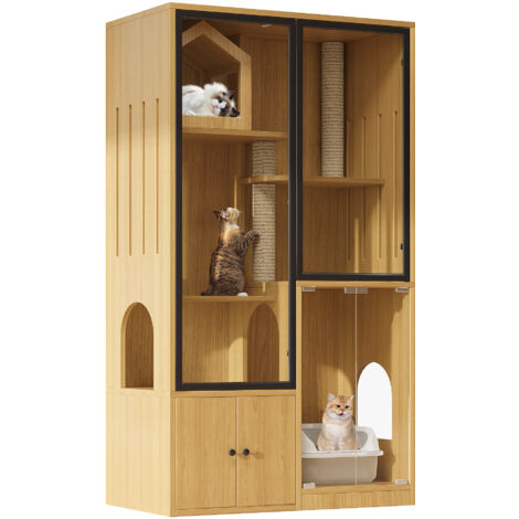 Cuccia per gatto Multifunzione 90x50x160 cm, 4 Piani, Cuccia in Vetro Antigelo con Tiragraffi, in MDF, Colore Acero