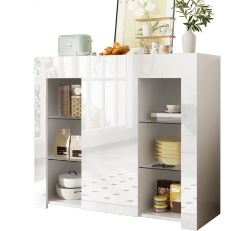 Credenza Moderna 95x35x83 cm, Compatta con Ripiani in Vetro, Anta e Frontale Bianco Lucido, per Soggiorno, Sala o Cucina (1/5)