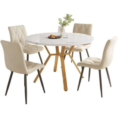 Set tavolo e sedie da pranzo, 5 Pezzi, Moderno e Semplice, con Tavolo Rotondo in Marmo e 4 Sedie in Velluto Beige, Gambe Dorate