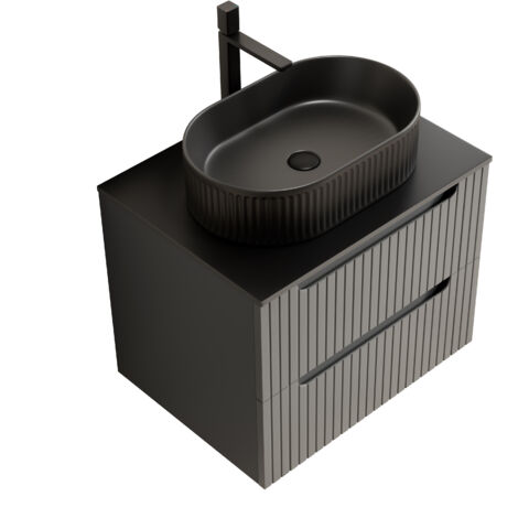 Mobile Bagno Sospeso 60x46x62.2 cm, con Lavabo a Ovale Nero e Piano Sinterizzato, 2 cassetti, Ceramica e Pietra Nera