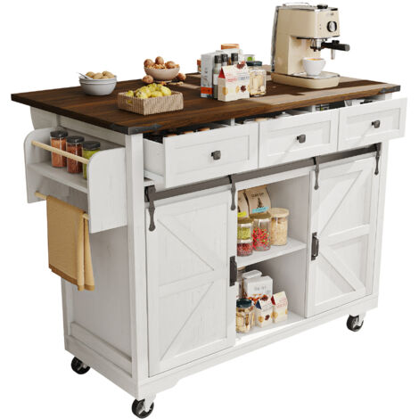 Carrello da Cucina con Piano Estensibile 140x45-73x94 cm, Robusto Portata 75 kg, 2 Ante Scorrevoli e 3 Cassetti, MDF, Beige (1/5)