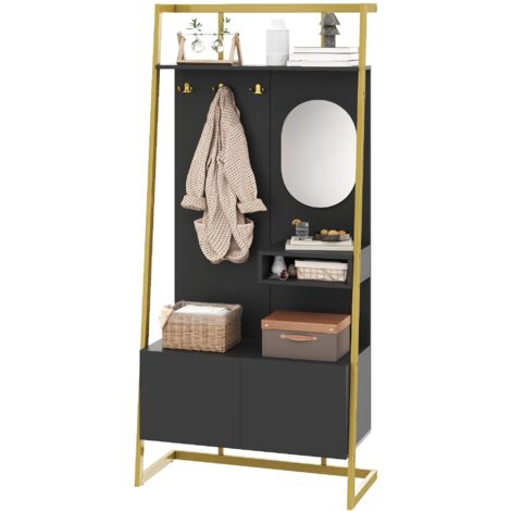 Appendiabiti con Specchio e Panca per Scarpe 78x38.5x180.5 cm, Ganci, Scarpiera, Portata 60 kg, MDF, Nero, per Ingresso