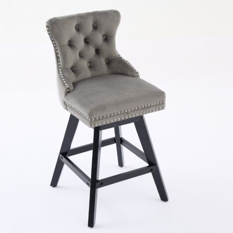 Set di 2 Sgabelli da Bar Girevoli in Velluto con Decorazione Capitonné, Gambe Legno e Dettagli Cromati, Stile Leisure, Grigio