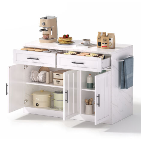 Isola Cucina 120x60x91 cm, 2 cassetti e 3 Ante, con Funzione Bar Retro 20 cm e Prese Elettriche/USB, in MDF, Bianco
