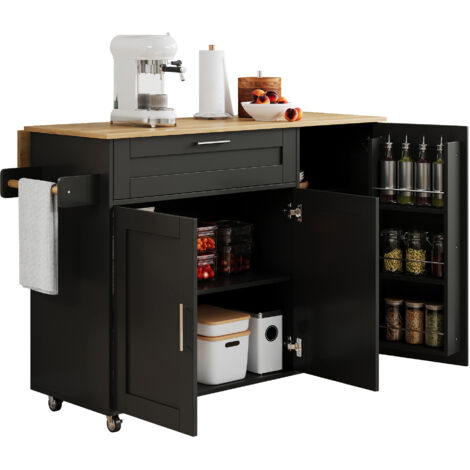 Isola Cucina Estensibile 132.5x44-70x90 cm, Mobile con Piano Pieghevole, 5 Ruote, Porta Spezie e Portasciugamani, in MDF, Nero