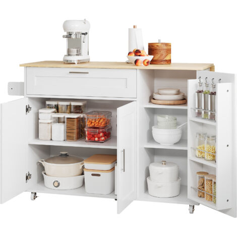 Isola Cucina Estensibile 132.5x44-70x90 cm, Mobile con Piano Pieghevole, 5 Ruote, Porta Spezie e Portasciugamani, in MDF, Bianco