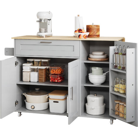 Isola Cucina Estensibile 132.5x44-70x90 cm, Mobile con Piano Pieghevole, 5 Ruote, Porta Spezie e Portasciugamani, in MDF, Grigio
