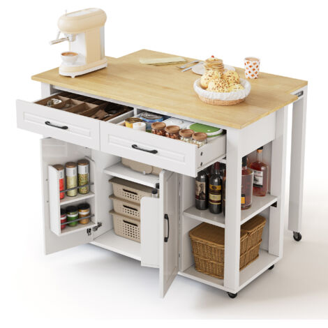 Isola Cucina 120x50-77x93 cm, Carrello Cucina con Piano Estensibile e Prese, 2 Cassetti e 2 Ante, MDF, Bianco per Cucina