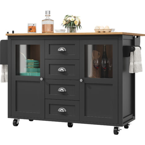 Carrello da cucina 120x73x93 cm, Isola cucina estensibile, mobile cucina con ruote, portasciugamani, 4 cassetti, 2 ante, MDF, nero