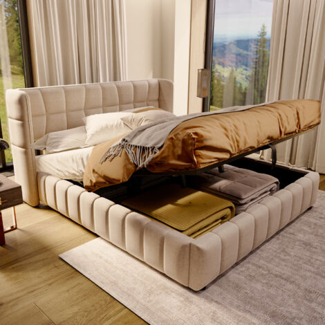Letto Contenitore 180x200 cm, letto Matrimoniale, letto imbottito con testiera, pneumatico, in MDF e lino beige (senza materasso)