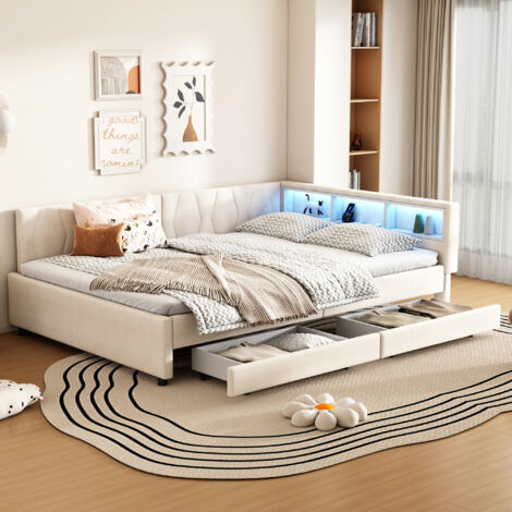 Letto contenitore 140x200 cm, letto per bambini con LED e ricarica, testiera imbottita, 2 cassetti, MDF, beige(senza materasso)