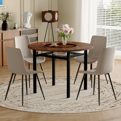 Set tavolo da pranzo 5 pezzi, tavolo rotondo 100x100x76 cm, con piano in vetro-MDF, 4 sedie imbottita in pelle PU, grigio (1/5)