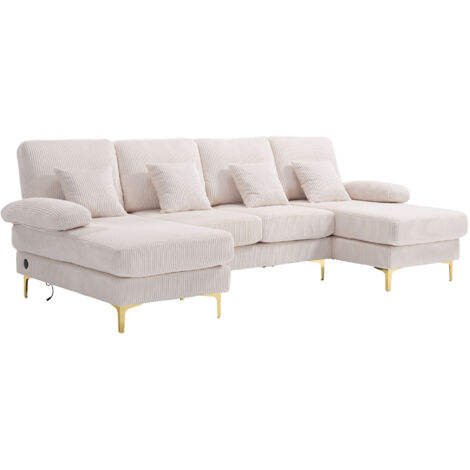 Divano a U di design 265x135x88 cm, 4 posti, luce LED, struttura in legno , schienale ergonomico con 4 cuscini, beige