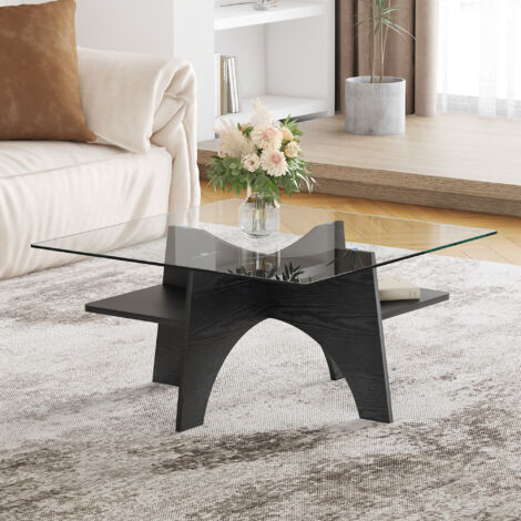 Tavolino da caffè 80x80x36 cm, tavolino da salotto, tavolo quadrato in vetro, struttura in MDF, nero, per casa, sale da pranzo