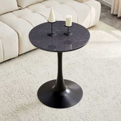 Tavolino da caffè 60x60x72 cm, tavolo rotondo, con piano in MDF, struttura in metallo, effetto venato nero, per angoli casa (1/5)