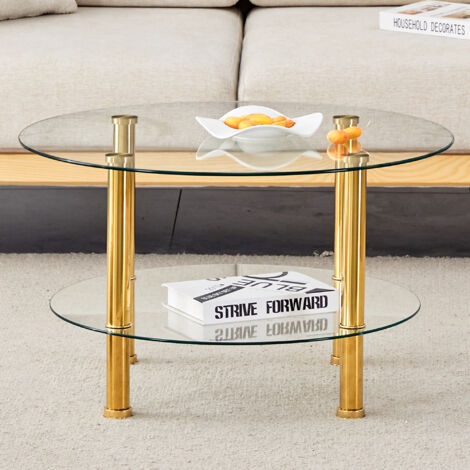 Tavolino da caffè 70x70x42 cm, tavolo rotondo con 2 livelli in vetro, gambe in metallo dorate, design elegante, per casa (1/5)