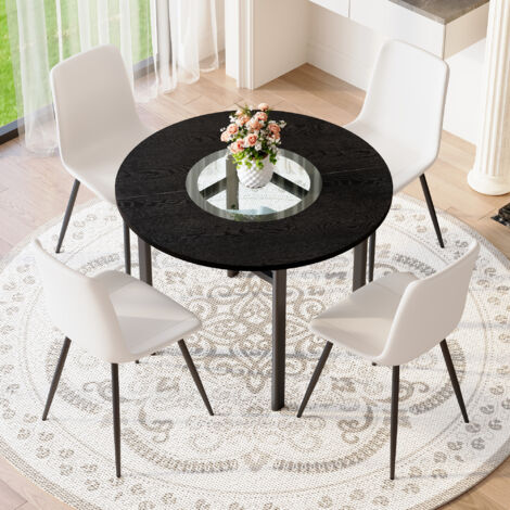 REDOM Set tavolo da pranzo 5 pezzi, tavolo rotondo 100x100x76 cm, con piano in vetro-MDF, 4 sedie imbottita in pelle PU, bianco (1/5)