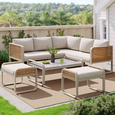Salotto da giardino, divano angolare, struttura in ferro zincato, cuscini inclusi, beige, posti a sedere 6-7