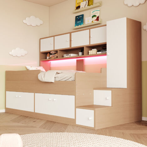 REDOM Letto per bambini 90x200 con contenitori, armadio, scaffali, scala contenitore, MDF legno naturale (Senza materasso)