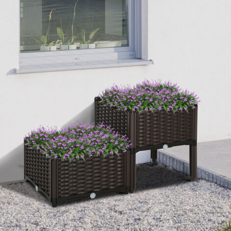 REDOM Fioriera rialzata 40x40x44 cm, componibile, resistente alle intemperie, plastica effetto rattan marrone (1/5)
