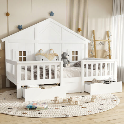 REDOM Letto per bambini 90x200 cm con due grandi cassetti su ruote legno e MDF bianco (Senza materasso)